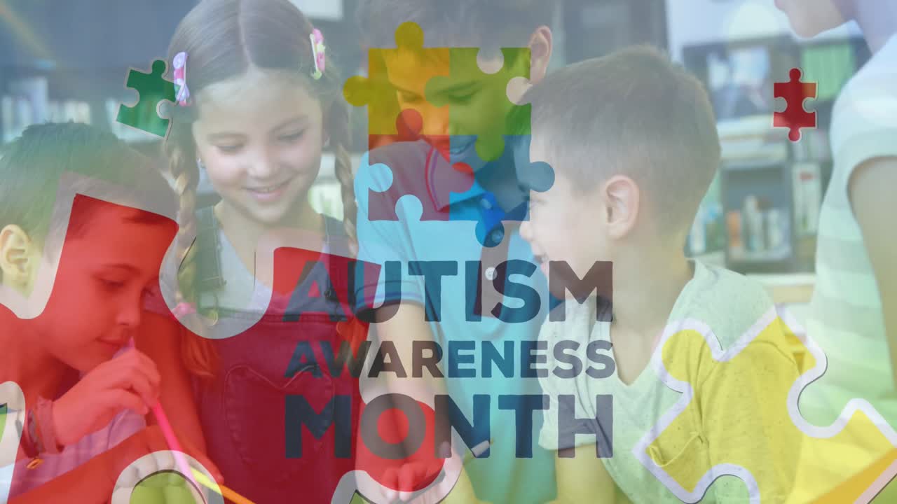 퍼즐과 자폐증 인식 달 텍스트의 애니메이션 다양한 학교 아이들의 웃음