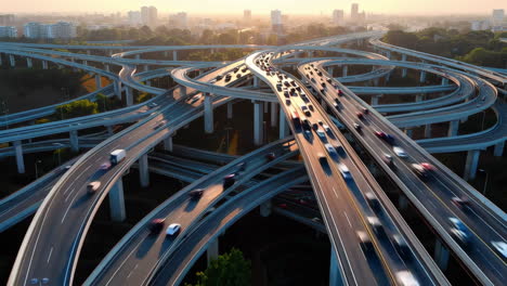 aerial view of a complex highway interchange with blurred car traffic during sunrise or sunset