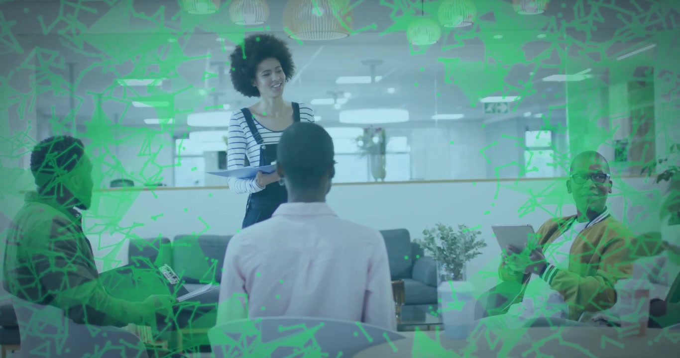 Standing presenter opening blue folder and initiating business update as green data motifs weaving