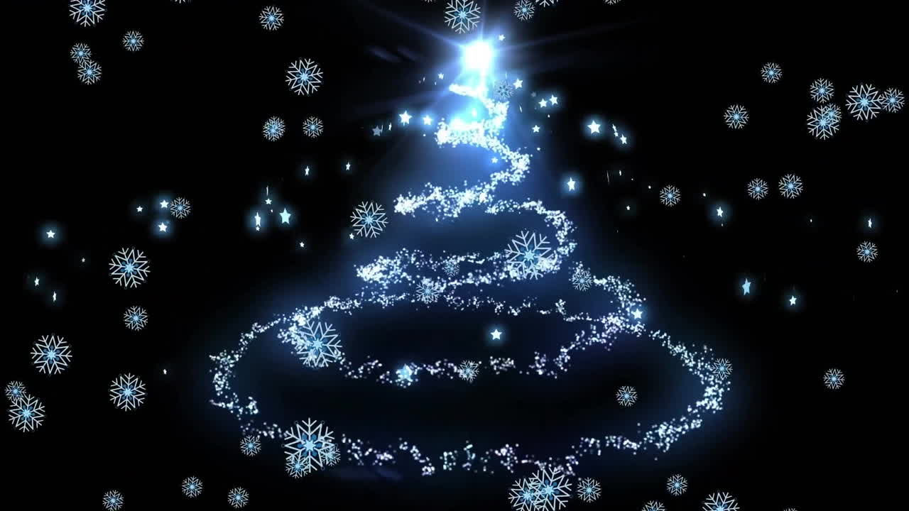 Animation of snow falling over christmas tree on black background
