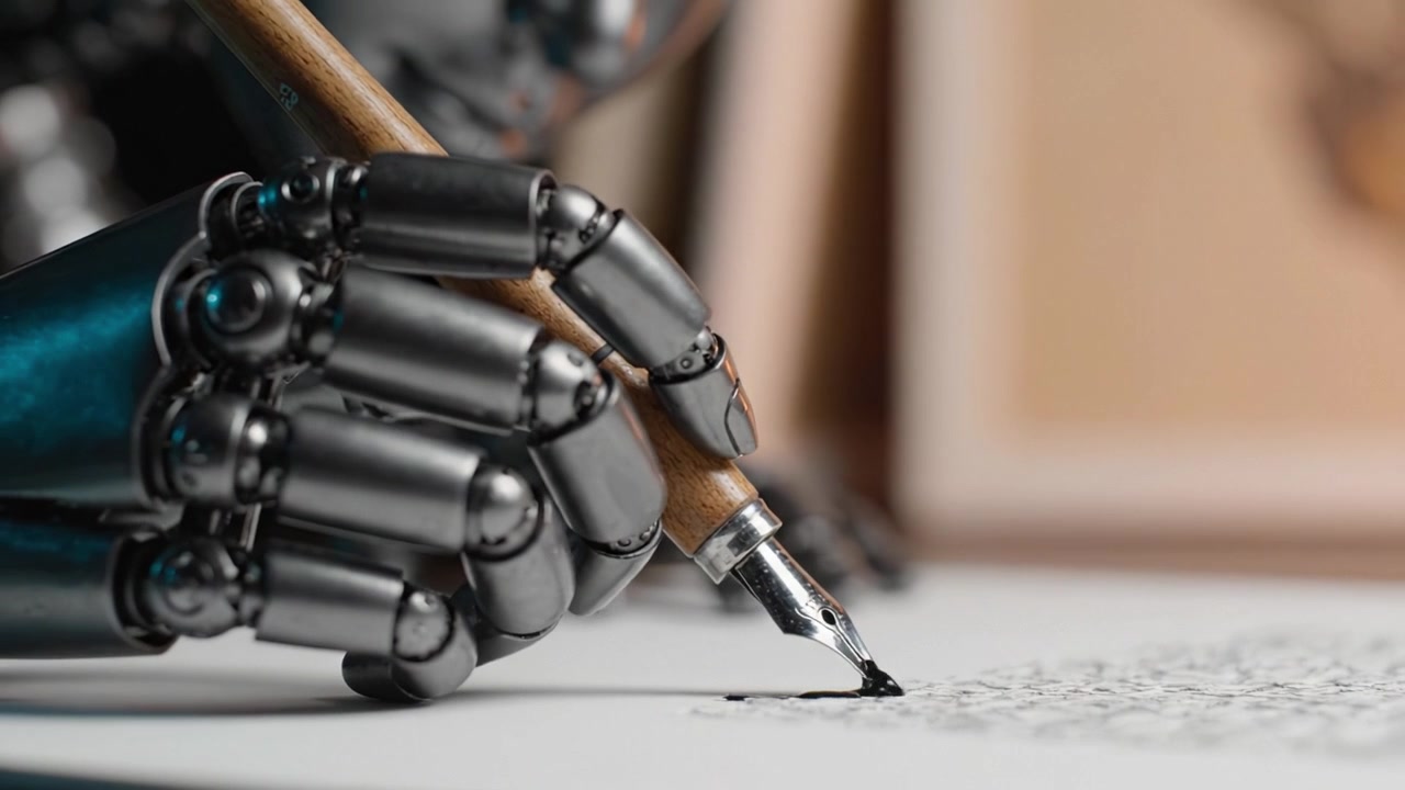 Primo piano di una mano robotica che impugna con destrezza una penna, catturando l'arte della scrittura e della creatività in una prospettiva futuristica.