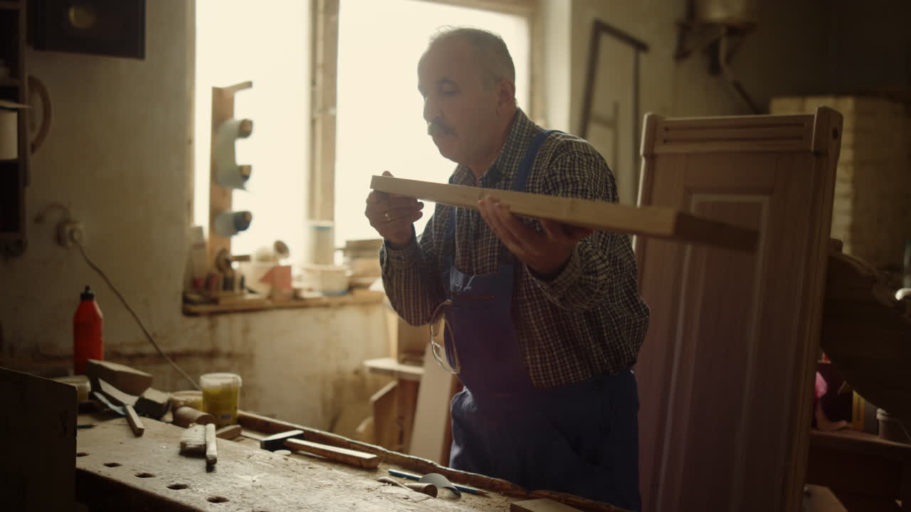 hombre serio preparando una tabla de madera para el producto en el interior. hombre soplando aserrín