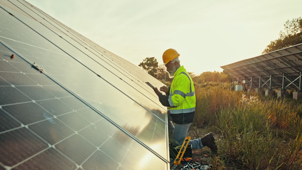 hombre en la granja de paneles solares para la inspección
