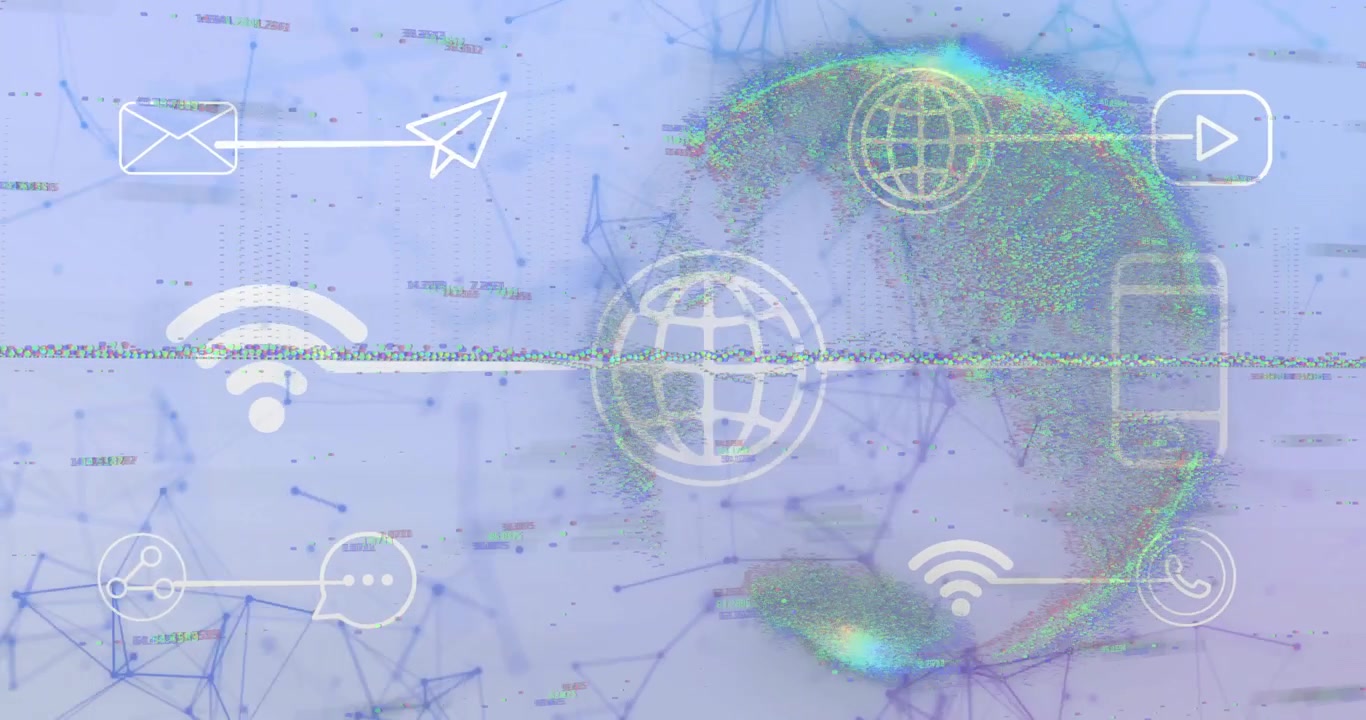 Glitch-linje, der bevæger sig uroligt, startende mailikoner, roterende kugle med bølgende netværk, der viser dataflow