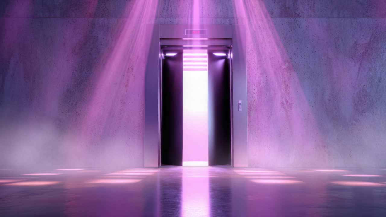 Futuristic elevator doors opening to reveal a bright, mysterious pink light, with volumetric rays shining through atmospheric smoke onto a reflective concrete floor in an empty, dark hall