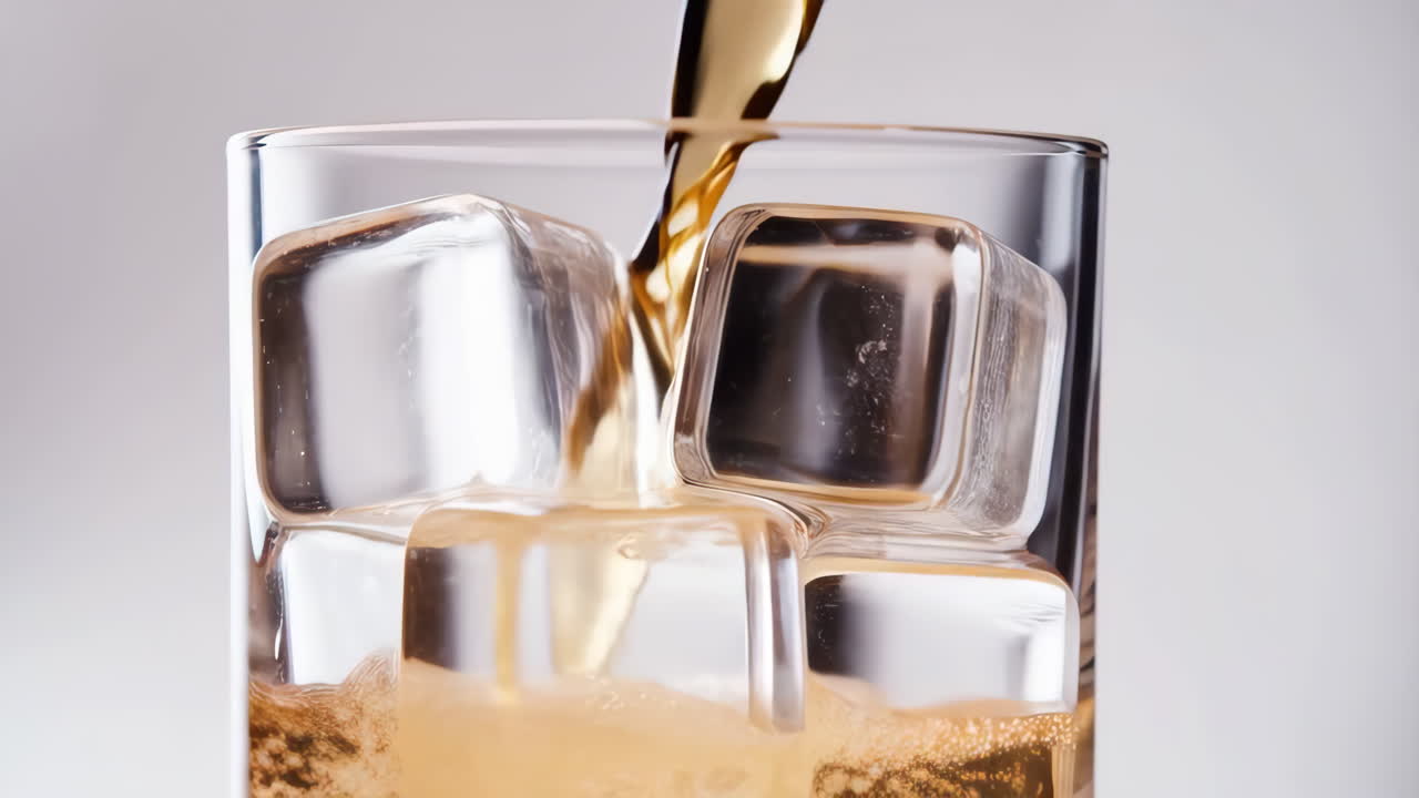 Golden beverage being poured into a glass with ice cubes
