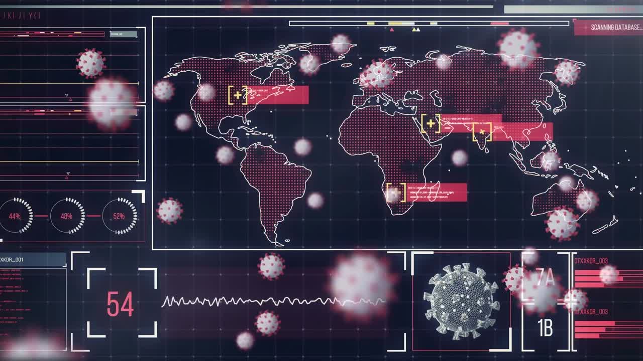 animación de células de covid 19 y procesamiento de datos en el mapa del mundo