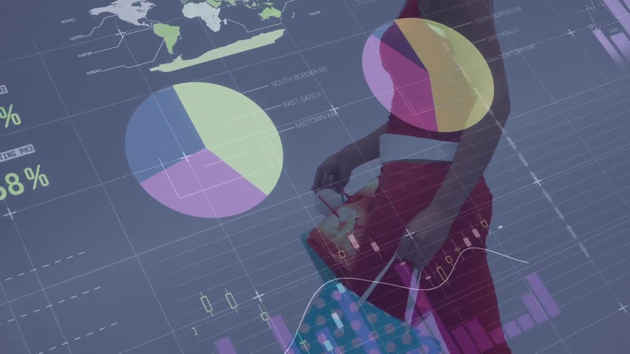 animación de procesamiento de datos y gráficos sobre la sección media de una mujer biracial caminando con bolsas