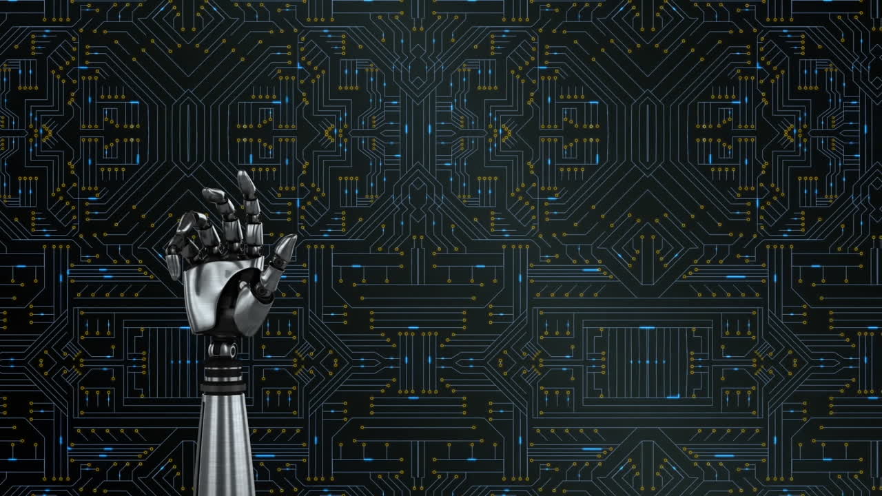 mano de robot y placa de circuito brillante