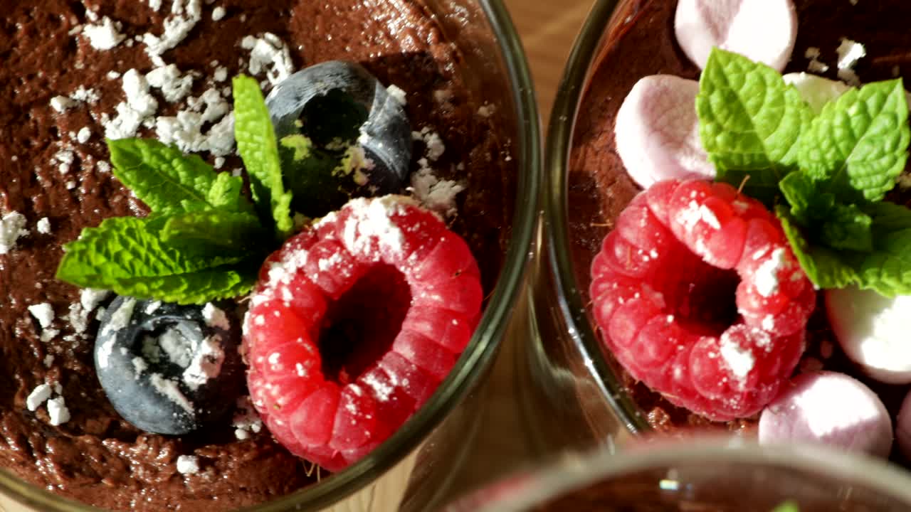 Close up detail shot of decorated mousse chocolate