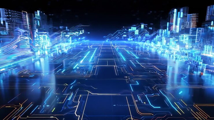 A futuristic city at night with a circuit board in the foreground