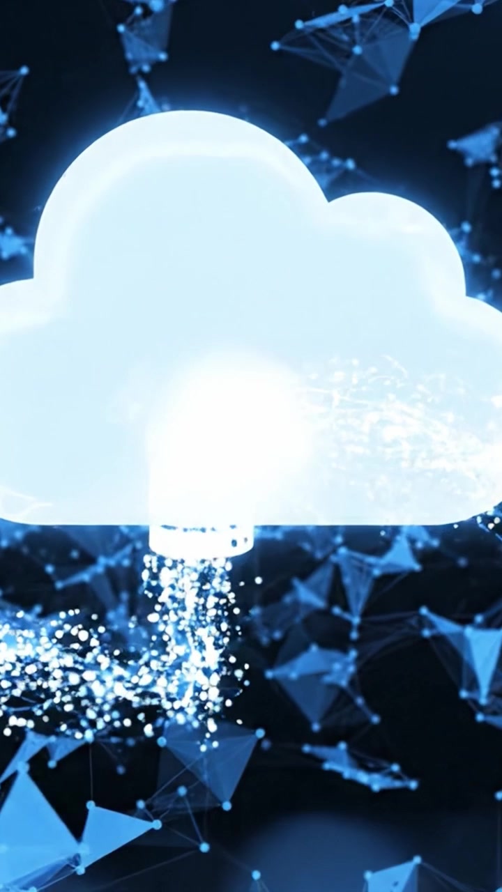 Visual Representation of Cloud Technology Evolving through Data Transformation, with Bright Light Effects Amidst a Network of Connected Points and Lines