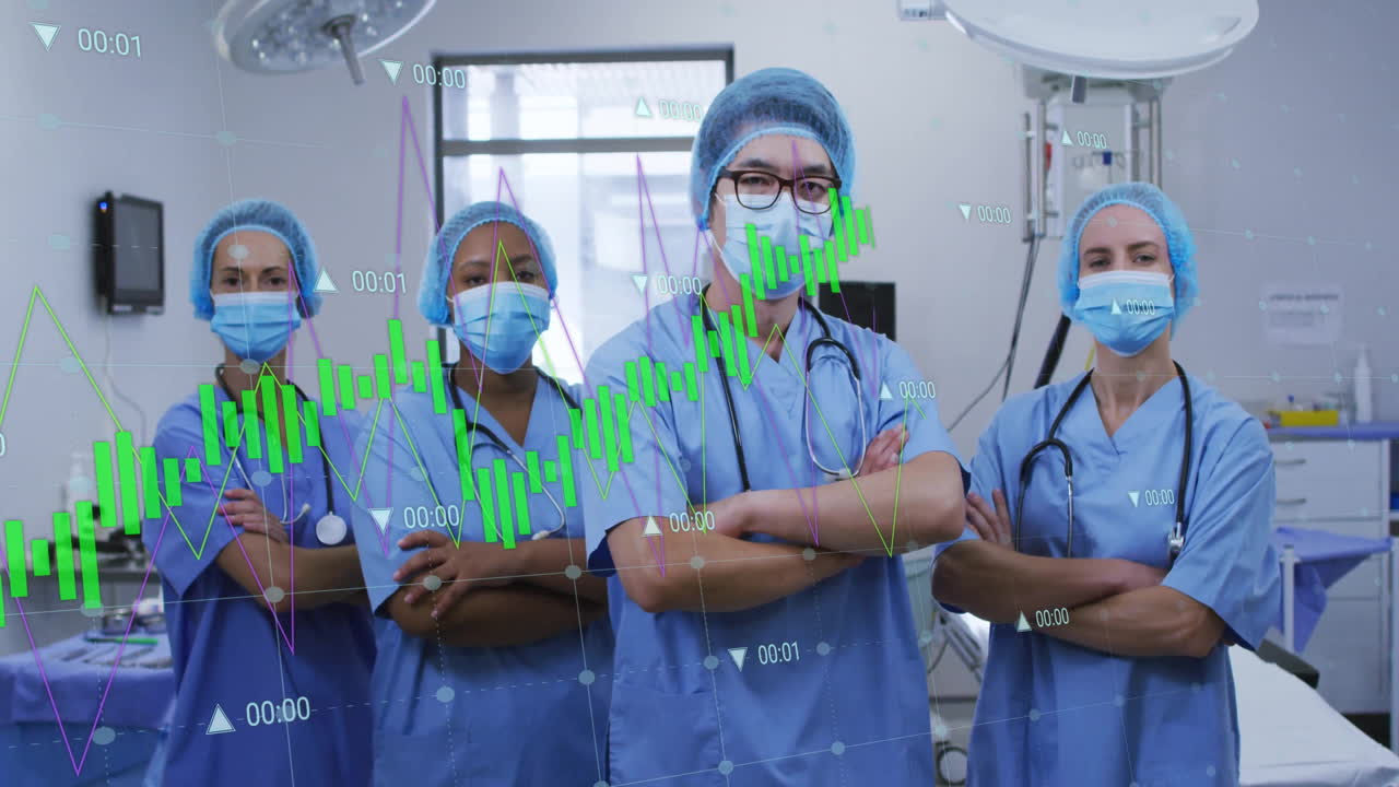 Equipo médico de pie en un quirófano de hospital, mostrando gráficos de barras y de líneas de salud