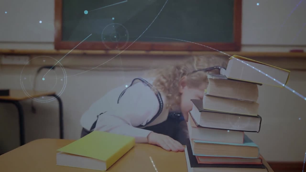 배경에 떠다니는 점과 선 위에 있는 소녀의 애니메이션