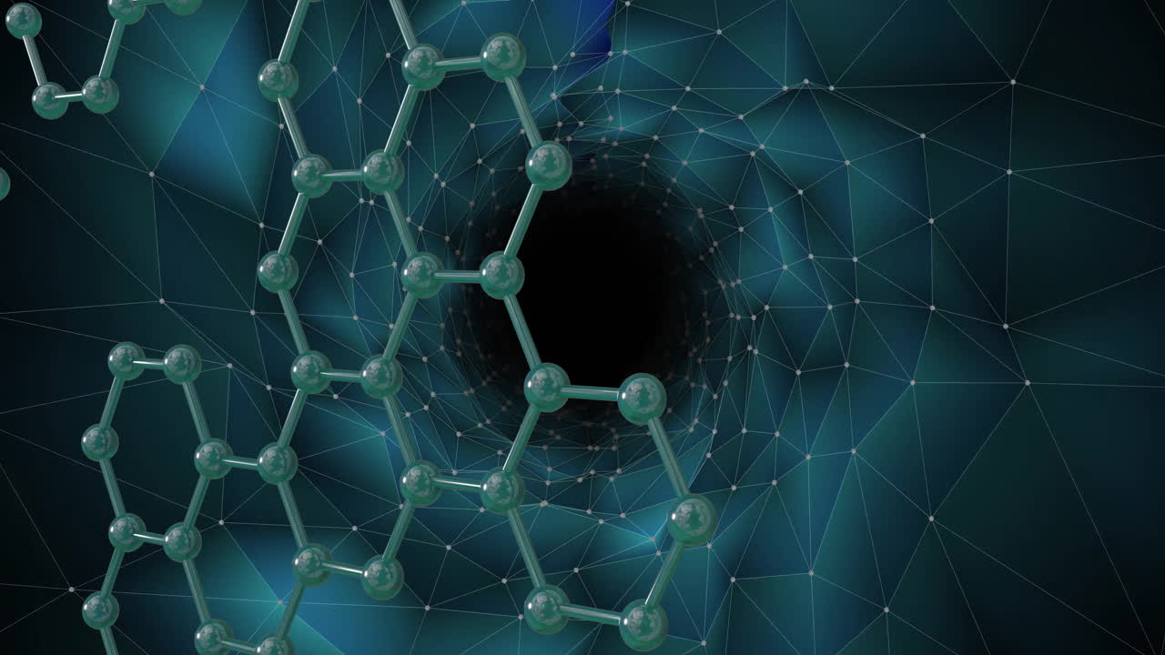 estructura molecular y formas geométricas animación sobre fondo de vórtice oscuro
