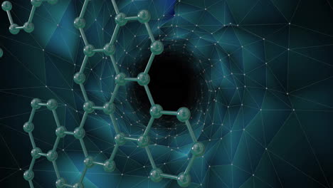 molecular structure and geometric shapes animation over dark vortex background