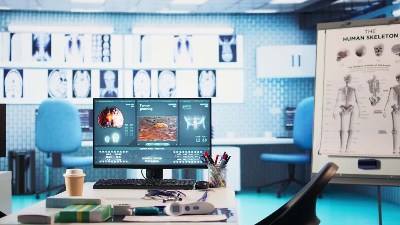 Video verticale: Studio medico vuoto attrezzato con strumenti diagnostici e monitor.