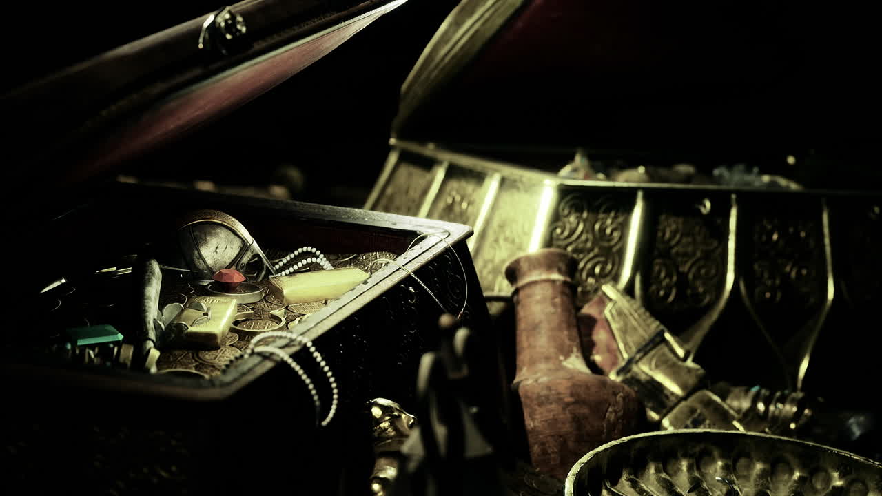 Treasure chests filled with ancient artifacts and jewels in dim light