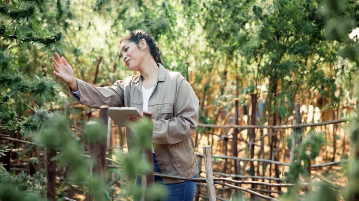 Woman inspecting cannabis crop in a field