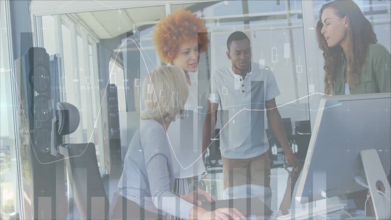 Four professionals collaborating around computer in office, with animated financial charts hovering