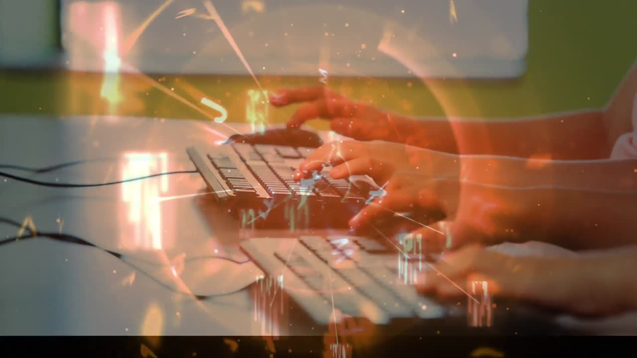 컴퓨터를 사용하는 어린이들에 대한 문자 변경 및 데이터 처리의 애니메이션