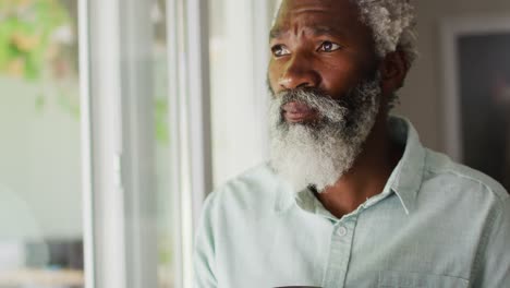 portrait of african american senior man with beard drinking coffee looking out of window and smiling