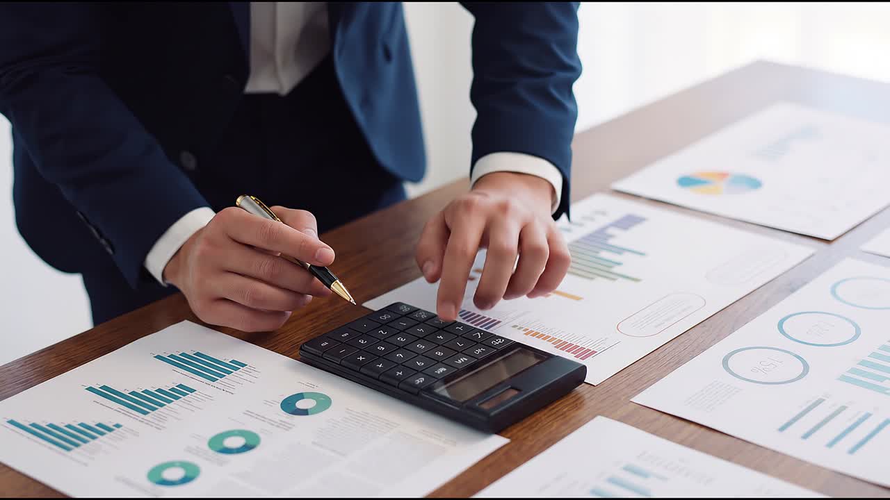 Professionista aziendale che elabora report finanziari con una calcolatrice e grafici stampati sulla scrivania dell'ufficio