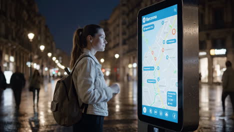 young woman navigating city at night with digital kiosk and smartphone