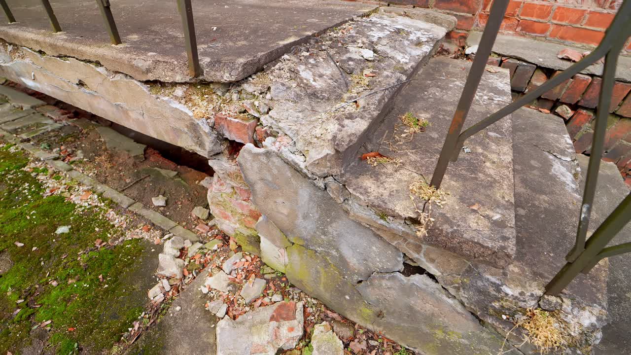 Pianerottolo in cemento fatiscente con un bordo rotto e detriti sparsi accanto a un muro di mattoni e una ringhiera metallica, che mostra il deterioramento dell'edificio e un pericolo per la sicurezza
