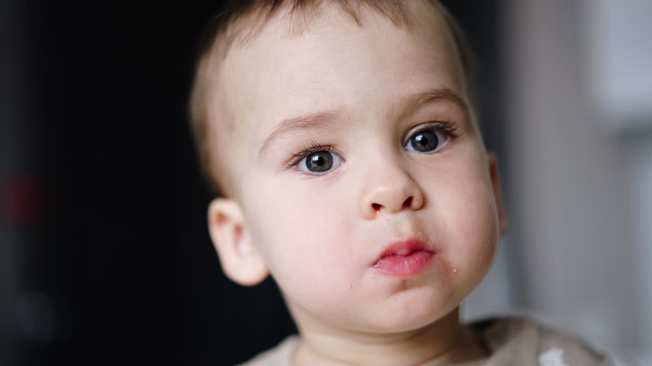 Face of a beautiful Caucasian child with crumbs on his cheeks. Little baby boy eating. Close up portrait.