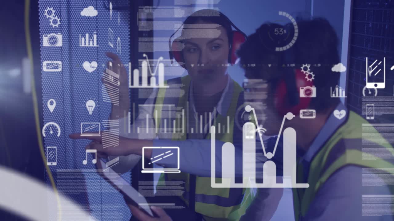 Animation of data processing, diverse male and female it engineers with tablet by computer servers
