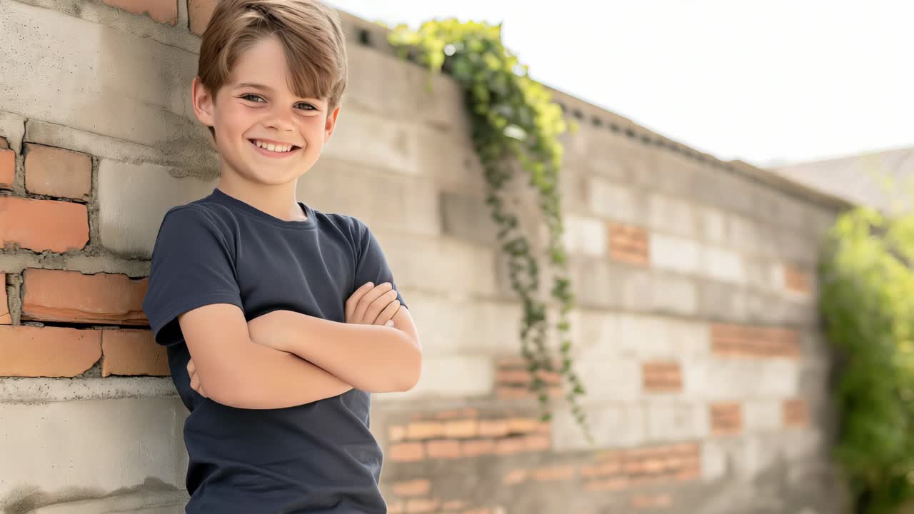 Confident young boy poses with arms crossed against a textured wall in a bright outdoor setting, radiating a sense of self-assurance and calm energy