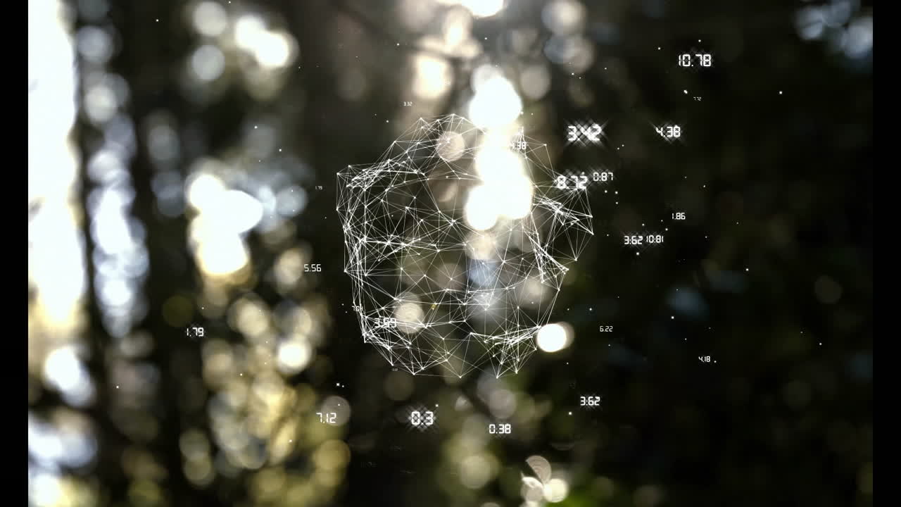 Geometric network animation with sunlight filtering through blurred natural background