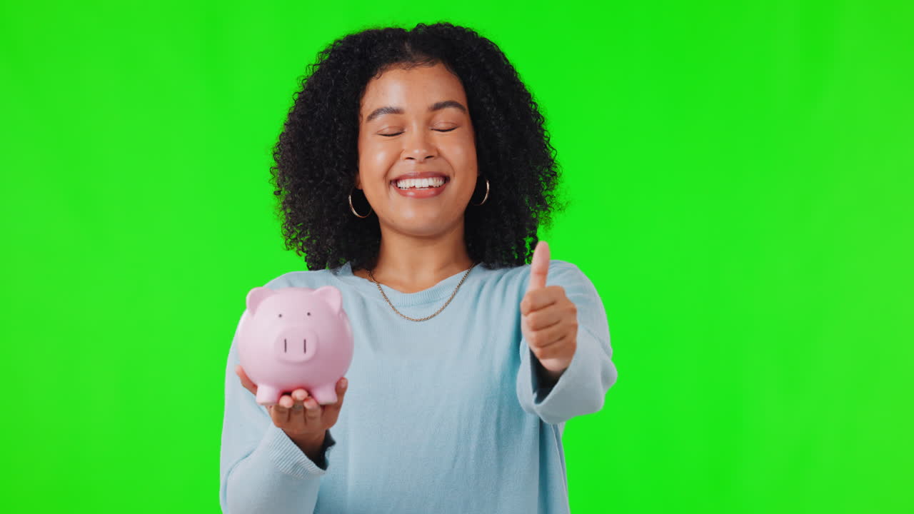 Green screen, woman face and piggy bank