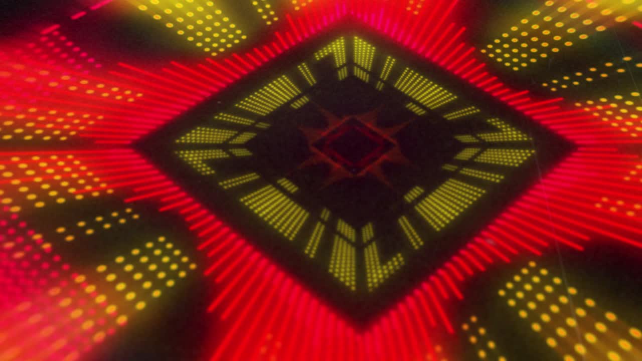 Animazione di display luminoso 3D giallo e rosso a forma di diamante, lampeggiante e in movimento su sfondo nero