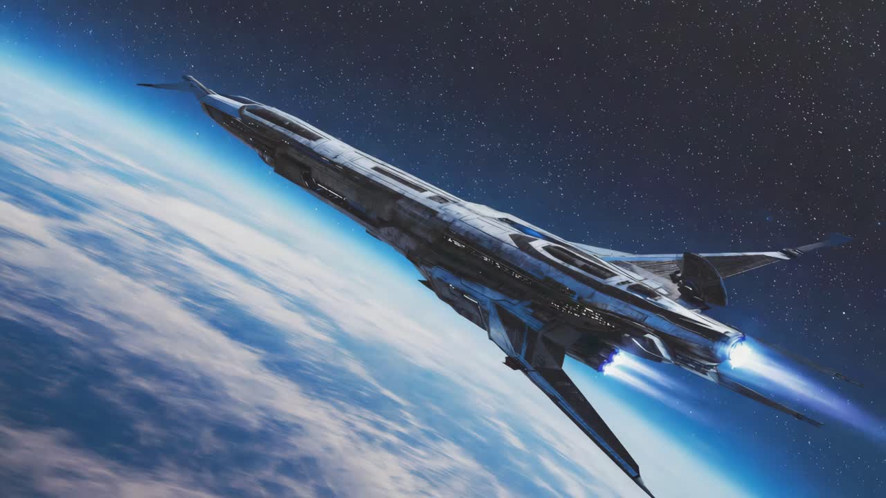 A futuristic spaceship soaring above a planet