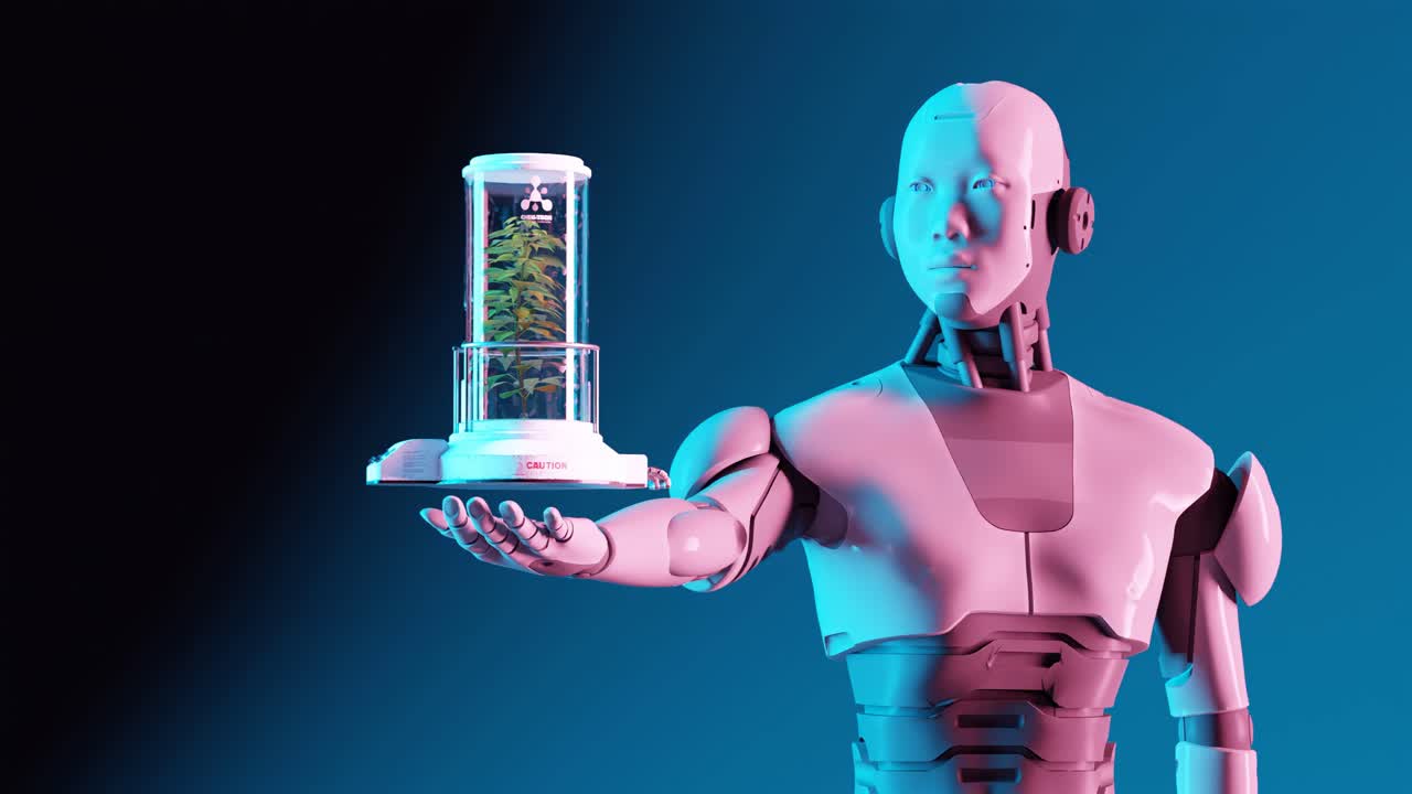 robot futurista que presenta muestras de plantas de bioingeniería