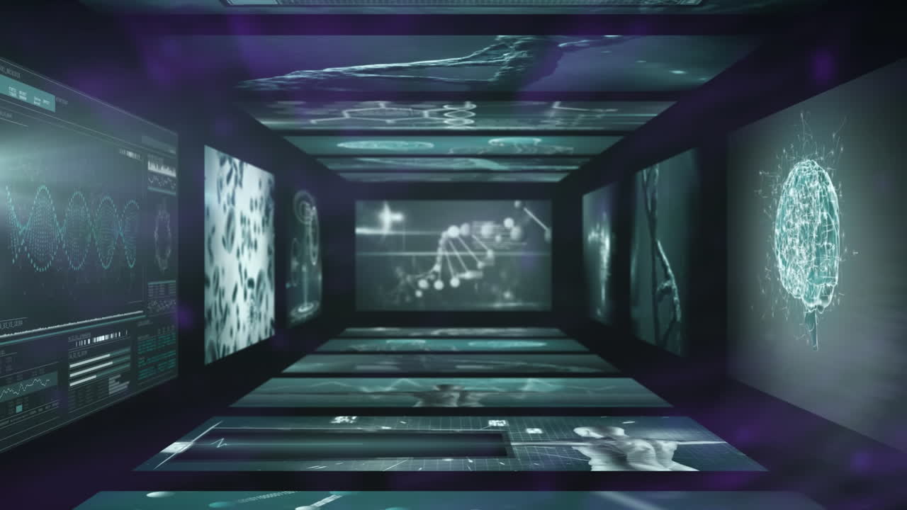animación de múltiples interfaces médicas contra un fondo abstracto.