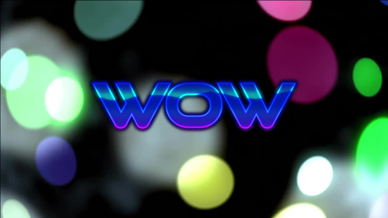 Wow text animation over blurred colorful lights in dark background