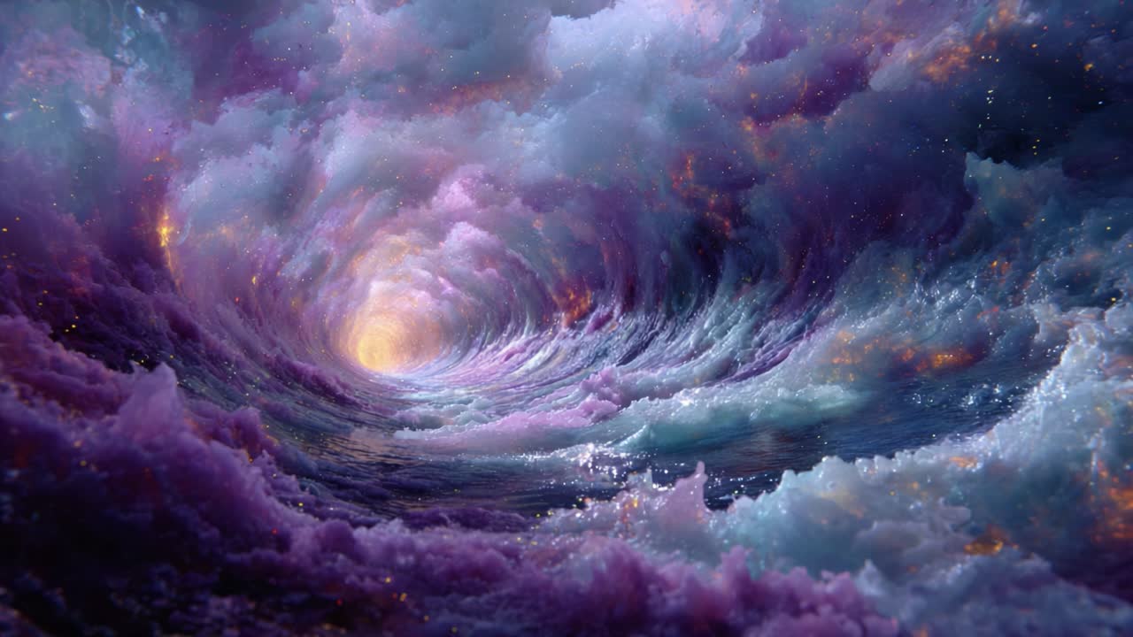An Ethereal Wave of Cosmic Colors: A Journey Through an Otherworldly Sea of Purple and Blue Swirling Clouds Illuminated by a Mysterious Light