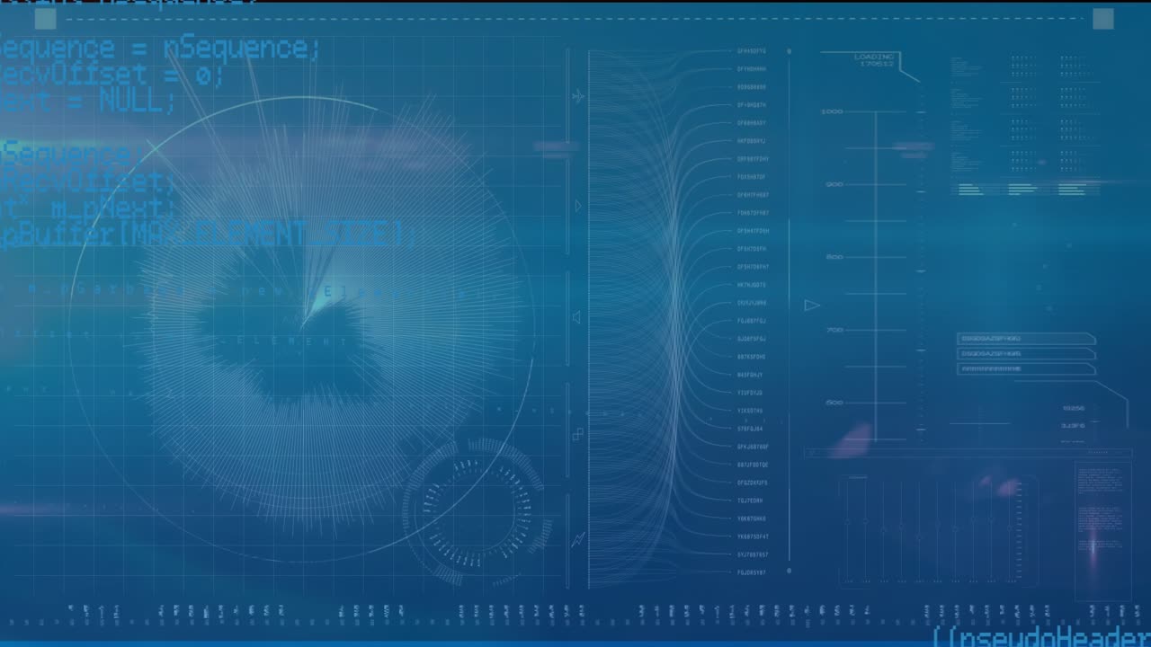 Digital animation of interface with data processing against blue background