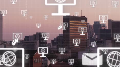 animación del globo con computadora y iconos de sobres sobre codificación binaria y paisaje urbano