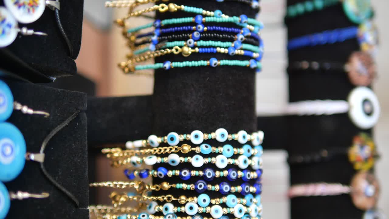 Collection of Evil Eye Bracelets on Display