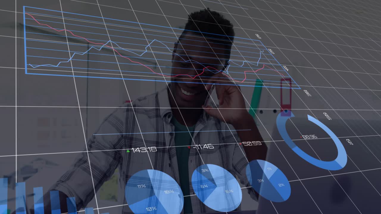 Animation of data processing over african american businessman talking on smartphone