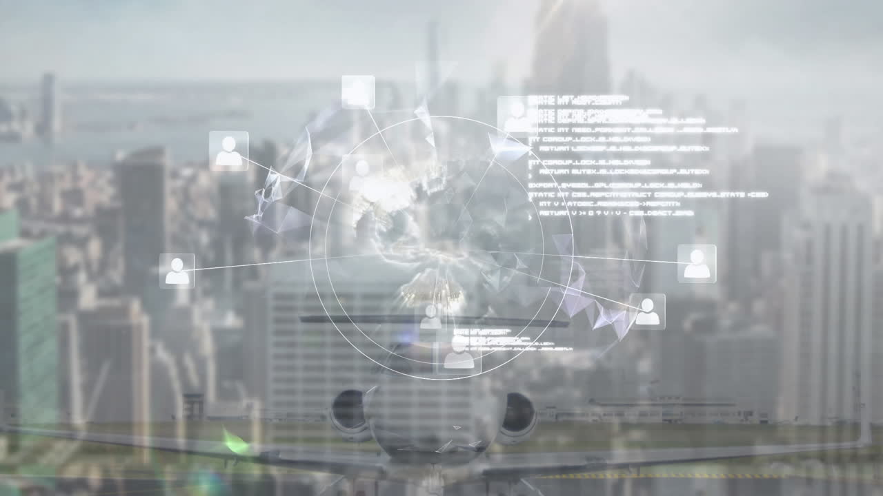 도시 풍경 위의 지구와 연결된 네트워크의 애니메이션