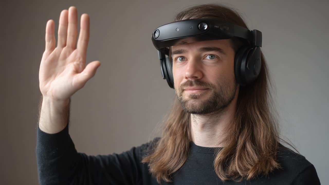 Una persona con i capelli lunghi e cuffie nere interagisce con tecnologie avanzate, mostrando interazione virtuale e design innovativo attraverso una lente digitale