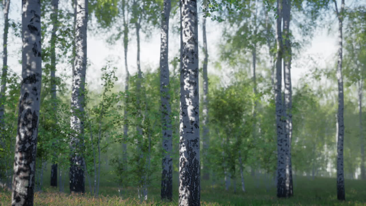 солнечный свет проходит через березовый лес