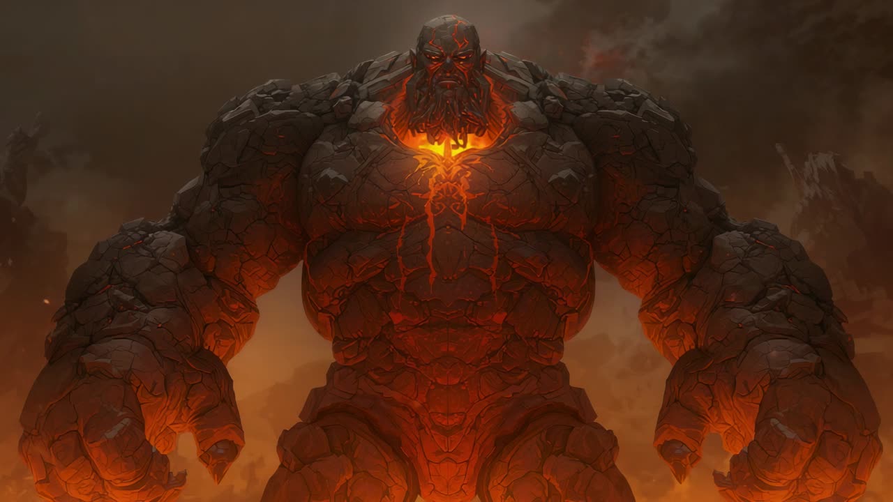 Emerging from volcanic smoke, lava golem standing still in ash ground, embers drifting around