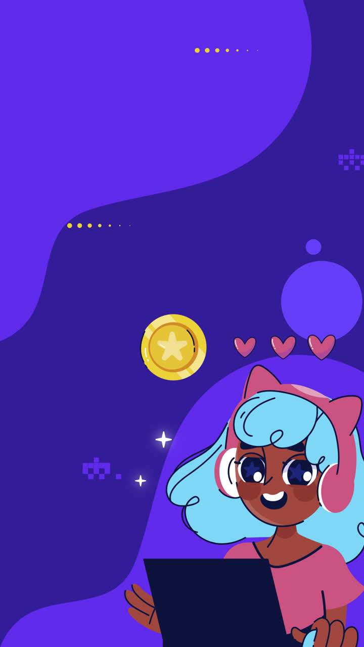 Cartoon girl playing games on laptop with headphones