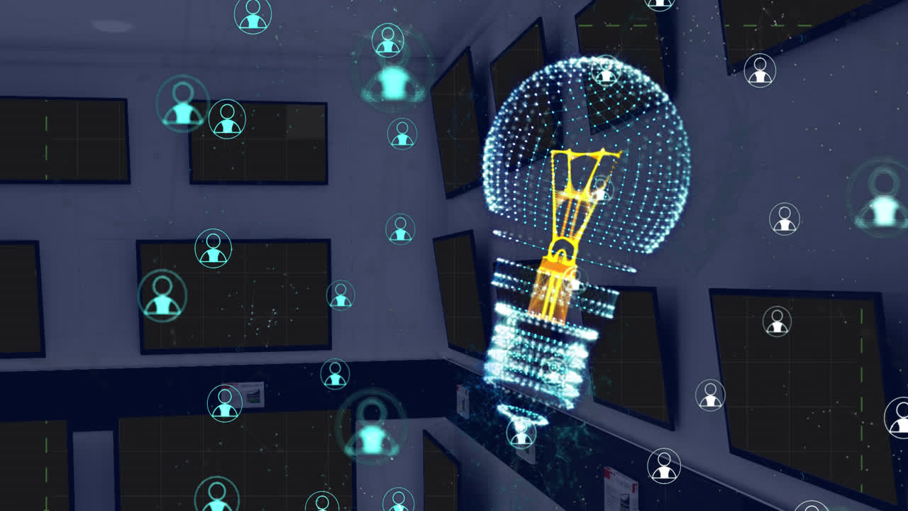 Animation of light bulb over network of connections and tv sets